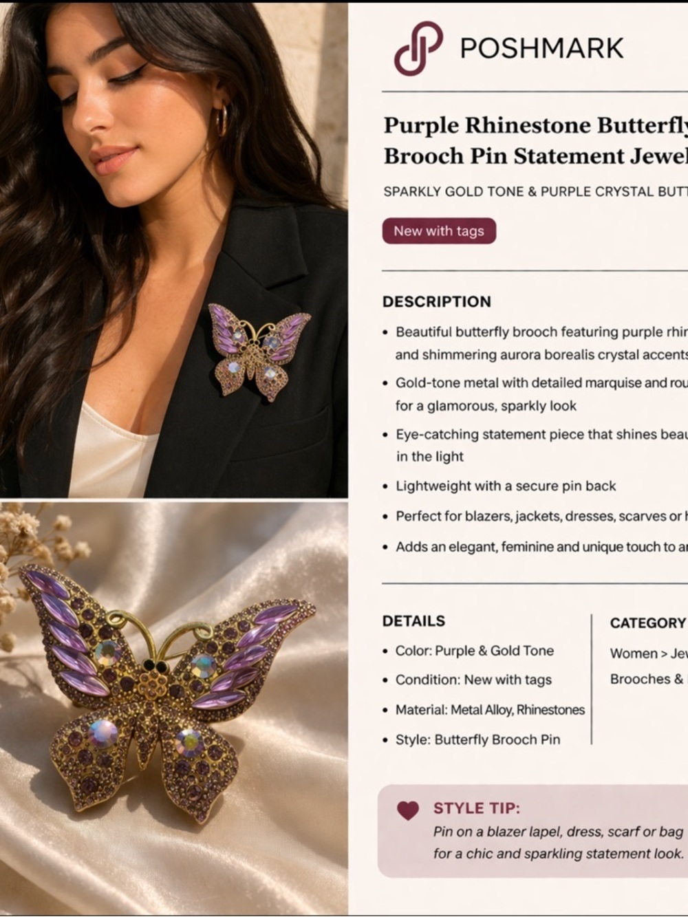 Purple Rhinestone Butterfly Brooch Pin - Gold Tone